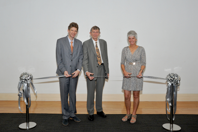 (From left) Ribbon-cutting ceremony by UMAG Director Dr Florian Knothe, Collector of Pusaka Collection Mr Peter ten Hoopen and his wife Mrs Ineke ten Hoopen.